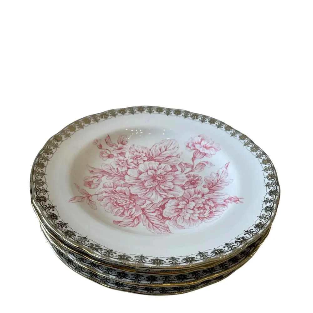222 Fifth Pink Gold Floral Porcelain Salad Plates 8.5” Set of 4 Chic Easter NEW